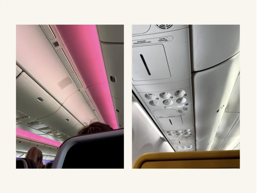 Two airplane interiors side by side.