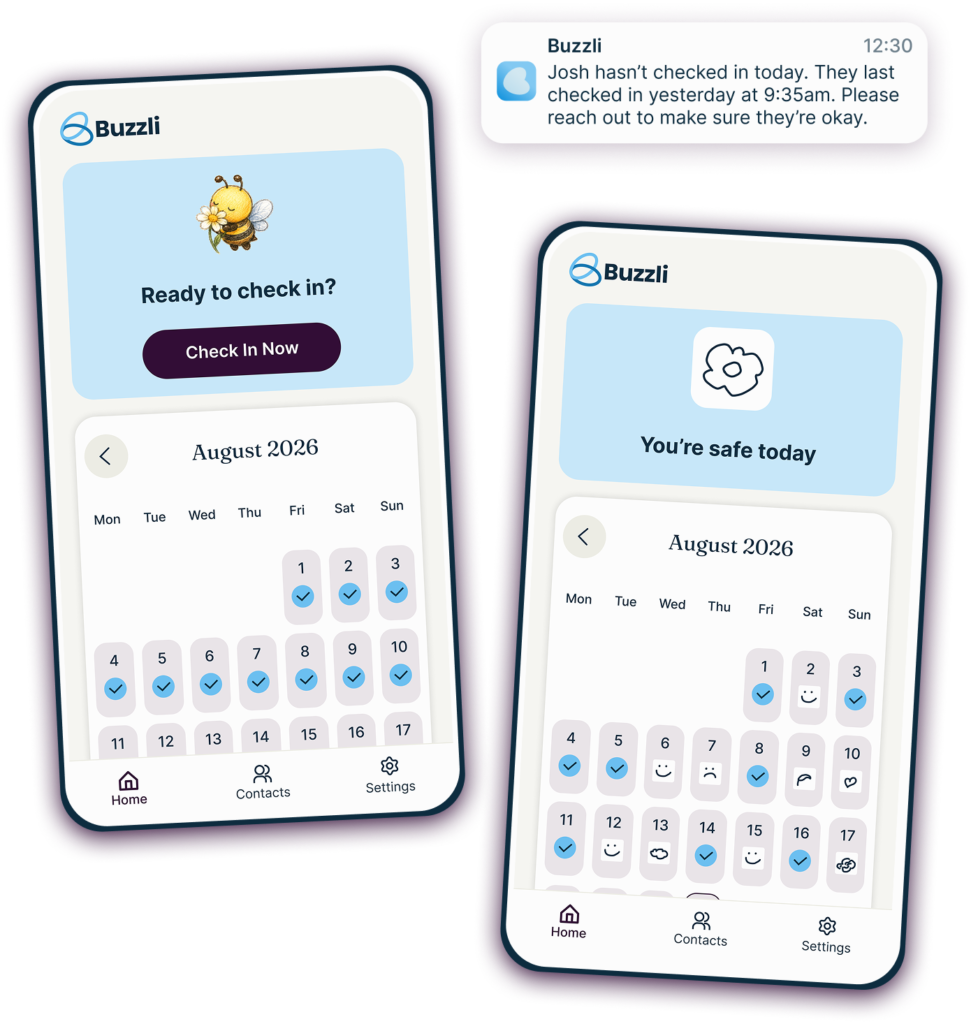 Buzzli phone mockups showing the app's functionality. The first screen is showing how customers are asked to check in daily. The second screen is showing how users can draw on their phone to check in in a different, more creative way.